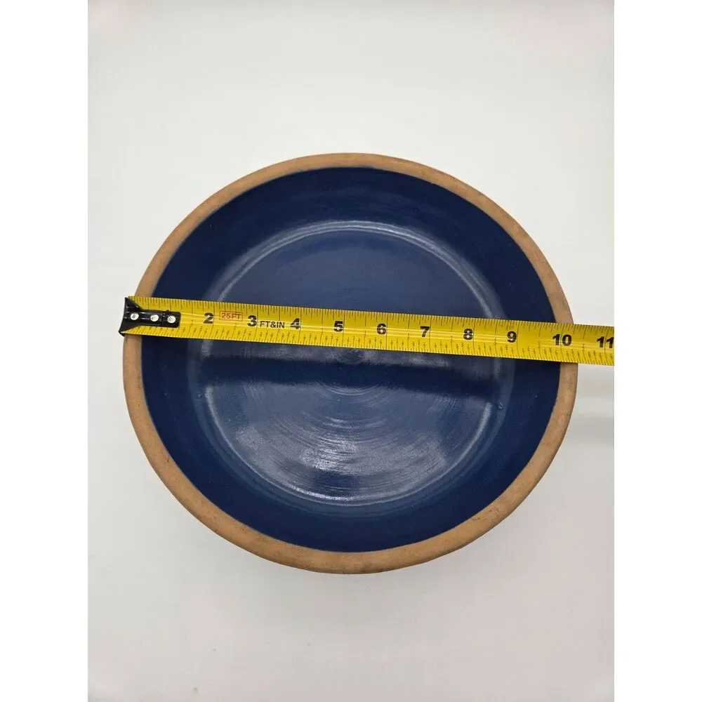 Clay City Pottery Blue Stoneware 10 Inch Pie Pan Dish Indiana Floral Leaf Vtg